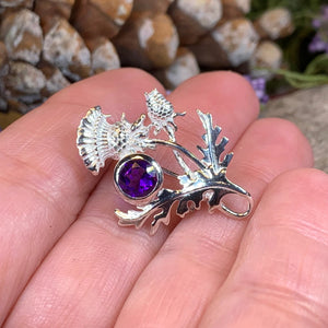 Thistle Brooch, Scotland Jewelry, Outlander Jewelry, Bridal Brooch, Thistle Jewelry, Scottish Jewelry, Celtic Brooch, Amethyst Silver Pin
