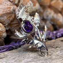 Load image into Gallery viewer, Thistle Brooch, Scotland Jewelry, Outlander Jewelry, Bridal Brooch, Thistle Jewelry, Scottish Jewelry, Celtic Brooch, Amethyst Silver Pin
