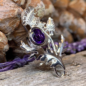 Thistle Brooch, Scotland Jewelry, Outlander Jewelry, Bridal Brooch, Thistle Jewelry, Scottish Jewelry, Celtic Brooch, Amethyst Silver Pin