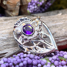 Load image into Gallery viewer, Thistle Brooch, Scotland Jewelry, Outlander Jewelry, Bridal Brooch, Thistle Jewelry, Scottish Jewelry, Celtic Brooch, Amethyst Silver Pin
