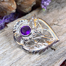 Load image into Gallery viewer, Thistle Brooch, Scotland Jewelry, Outlander Jewelry, Bridal Brooch, Thistle Jewelry, Scottish Jewelry, Celtic Brooch, Amethyst Silver Pin

