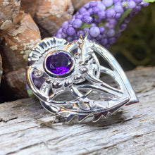 Load image into Gallery viewer, Thistle Brooch, Scotland Jewelry, Outlander Jewelry, Bridal Brooch, Thistle Jewelry, Scottish Jewelry, Celtic Brooch, Amethyst Silver Pin
