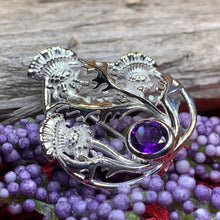 Load image into Gallery viewer, Thistle Brooch, Scotland Jewelry, Outlander Jewelry, Bridal Brooch, Thistle Jewelry, Scottish Jewelry, Celtic Brooch, Amethyst Silver Pin
