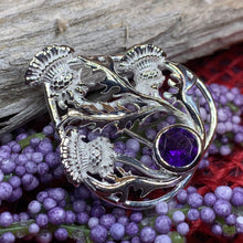 Load image into Gallery viewer, Thistle Brooch, Scotland Jewelry, Outlander Jewelry, Bridal Brooch, Thistle Jewelry, Scottish Jewelry, Celtic Brooch, Amethyst Silver Pin
