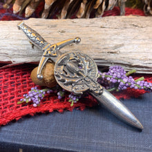 Load image into Gallery viewer, Thistle Kilt Pin, Sword Pin, Scottish Brooch, Scotland Jewelry, Celtic Pin, Tartan Pin, Thistle Jewelry, Groom Gift, Dad Gift, Bagpiper Gift
