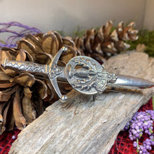 Load image into Gallery viewer, Thistle Kilt Pin, Sword Pin, Scottish Brooch, Scotland Jewelry, Celtic Pin, Tartan Pin, Thistle Jewelry, Groom Gift, Dad Gift, Bagpiper Gift
