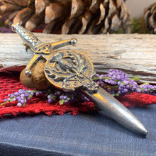 Load image into Gallery viewer, Thistle Kilt Pin, Sword Pin, Scottish Brooch, Scotland Jewelry, Celtic Pin, Tartan Pin, Thistle Jewelry, Groom Gift, Dad Gift, Bagpiper Gift
