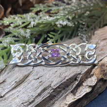 Load image into Gallery viewer, Amethyst Celtic Knot Brooch, Celtic Jewelry, Irish Pin, Mom Gift, Bridal Pin, Anniversary Gift, Scottish Jewelry, February Birthstone
