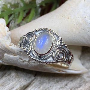 Celtic Spiral Ring, Moonstone Jewelry, Irish Ring, Celestial Jewelry, Silver Celtic Jewelry, Anniversary Gift, Wiccan Jewelry, Boho Ring