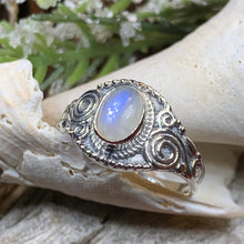 Load image into Gallery viewer, Celtic Spiral Ring, Moonstone Jewelry, Irish Ring, Celestial Jewelry, Silver Celtic Jewelry, Anniversary Gift, Wiccan Jewelry, Boho Ring
