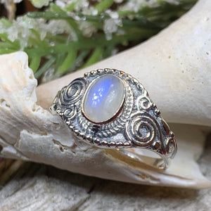 Celtic Spiral Ring, Moonstone Jewelry, Irish Ring, Celestial Jewelry, Silver Celtic Jewelry, Anniversary Gift, Wiccan Jewelry, Boho Ring