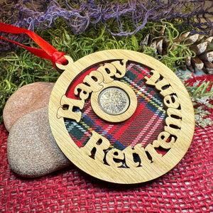 Retirement Gift, Lucky Sixpence, Scotland Gift, Happy Retirement, Tartan Gift, Christmas Ornament, Good Luck Gift, Oak Wood Plaque, Scottish