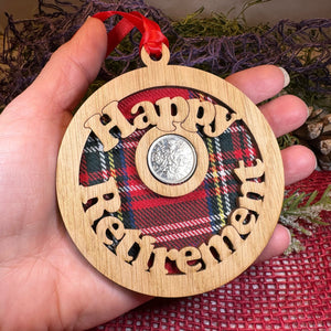 Retirement Gift, Lucky Sixpence, Scotland Gift, Happy Retirement, Tartan Gift, Christmas Ornament, Good Luck Gift, Oak Wood Plaque, Scottish