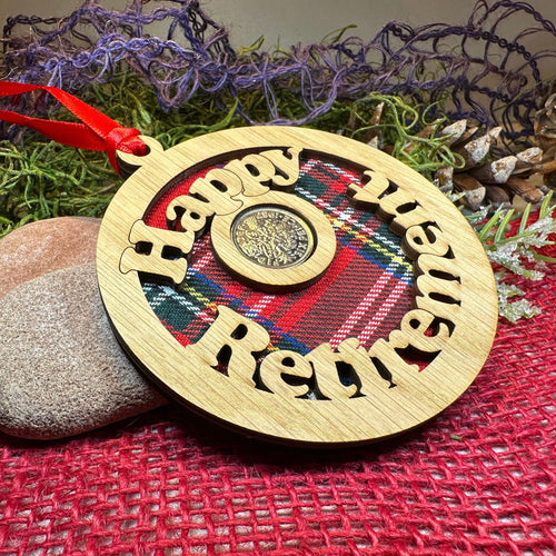 Retirement Gift, Lucky Sixpence, Scotland Gift, Happy Retirement, Tartan Gift, Christmas Ornament, Good Luck Gift, Oak Wood Plaque, Scottish