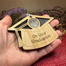 Load image into Gallery viewer, Graduation Gift, Lucky Sixpence, Scotland Gift, High School Grad, Tartan Gift, Christmas Ornament, Good Luck Gift, Oak Wood Plaque, Scottish
