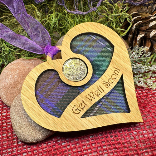 Get Well Gift, Lucky Sixpence, Scotland Gift, Thinking of You, Tartan Gift, Christmas Ornament, Good Luck Gift, Oak Wood Plaque, Recovery