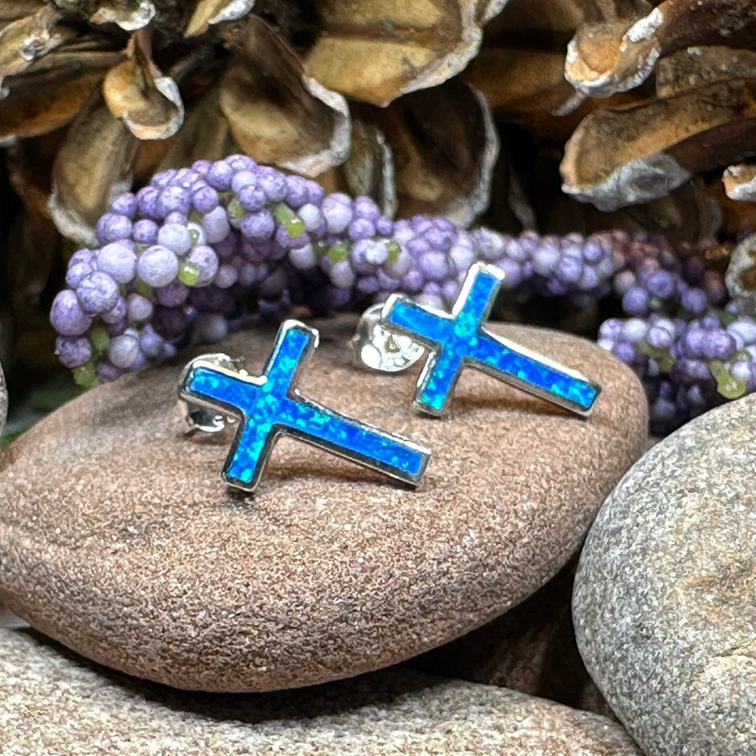 Cross Earrings, Opal Jewelry, Stud Earrings, First Communion Gift, Bridal Post Earrings, Confirmation Gift, Religious Gift, Cross Jewelry