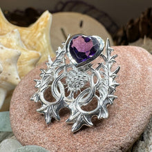 Load image into Gallery viewer, Thistle Brooch, Scotland Jewelry, Outlander Jewelry, Bridal Brooch, Thistle Jewelry, Scottish Jewelry, Celtic Brooch, Amethyst Silver Pin
