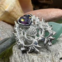 Load image into Gallery viewer, Thistle Brooch, Scotland Jewelry, Outlander Jewelry, Bridal Brooch, Thistle Jewelry, Scottish Jewelry, Celtic Brooch, Amethyst Silver Pin
