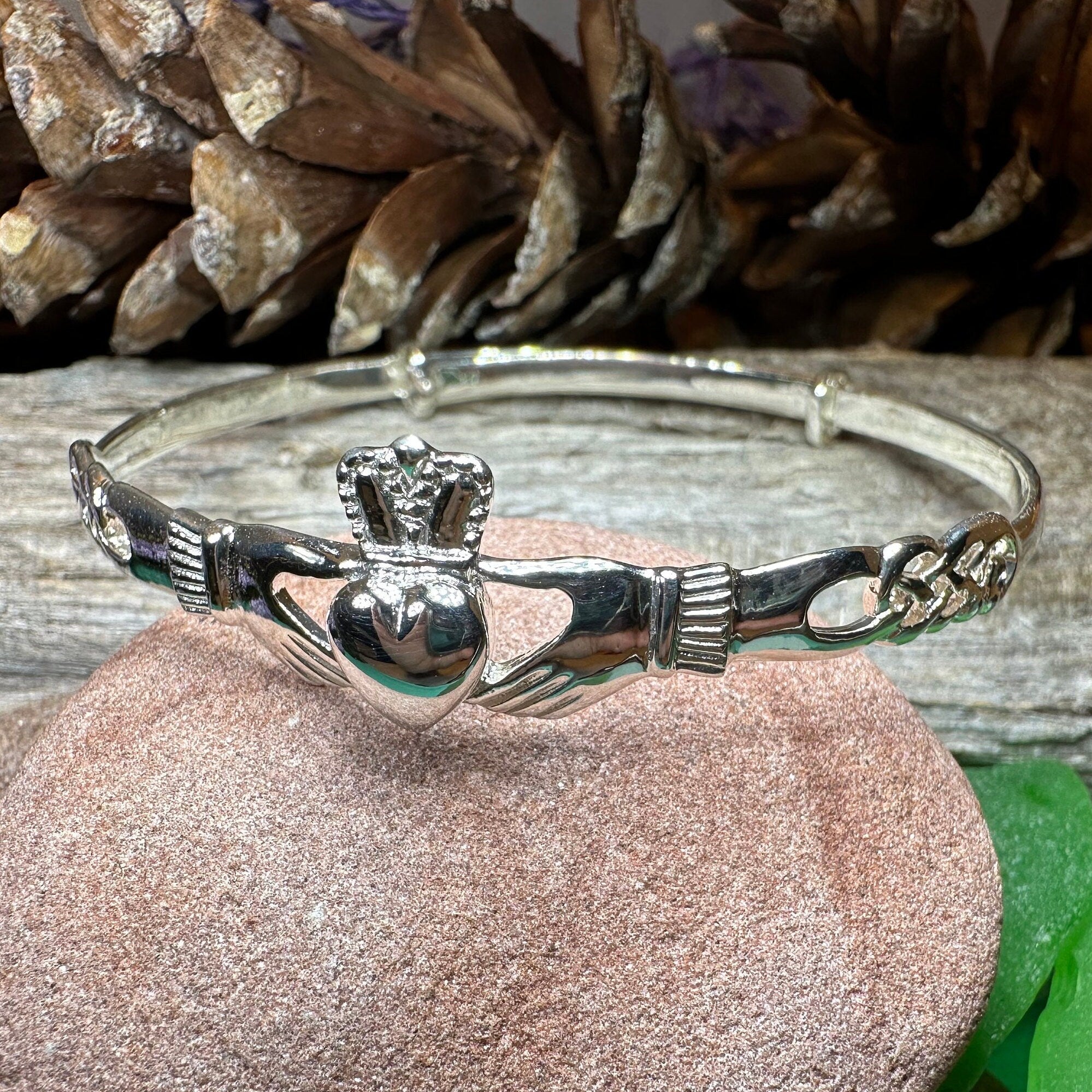 Irish Bracelet | Sterling Silver Green Crystal Heart Claddagh Bangle at  IrishShop.com | IJSV50162