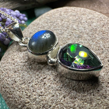 Load image into Gallery viewer, Celtic Necklace, Mystic Topaz Pendant, Labradorite Jewelry, Rainbow Topaz, Statement Pendant, Anniversary Gift, Wiccan Pendant, Mom Gift
