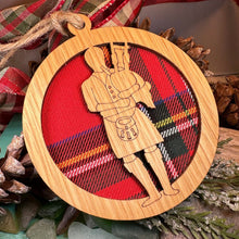 Load image into Gallery viewer, Bagpiper Ornament, Christmas Tree Ornament, Scotland Gift, Scottish Gift, Tartan Gift, Hanging Ornament, Bagpipes, Oak Wood Plaque
