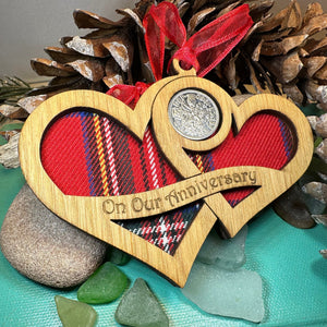 Scottish Anniversary Gift, Lucky Sixpence, Scotland Gift, Tree Ornament, Tartan Gift, Christmas Ornament, Good Luck Gift, Oak Wood Plaque