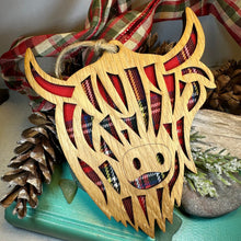 Load image into Gallery viewer, Highland Cow Ornament, Christmas Ornament, Scotland Gift, Scottish Cow, Tartan Gift, Christmas Tree Ornament, Holiday Gift, Oak Wood Plaque
