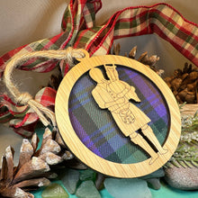 Load image into Gallery viewer, Bagpiper Ornament, Christmas Tree Ornament, Scotland Gift, Scottish Gift, Tartan Gift, Hanging Ornament, Bagpipes, Oak Wood Plaque
