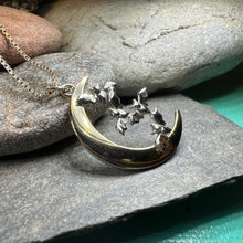 Load image into Gallery viewer, Moon Necklace, Bat Necklace, Celestial Jewelry, Mystical Jewelry, Silver Bats Jewelry, Gothic Pendant, Crescent Moon Pendant, Halloween
