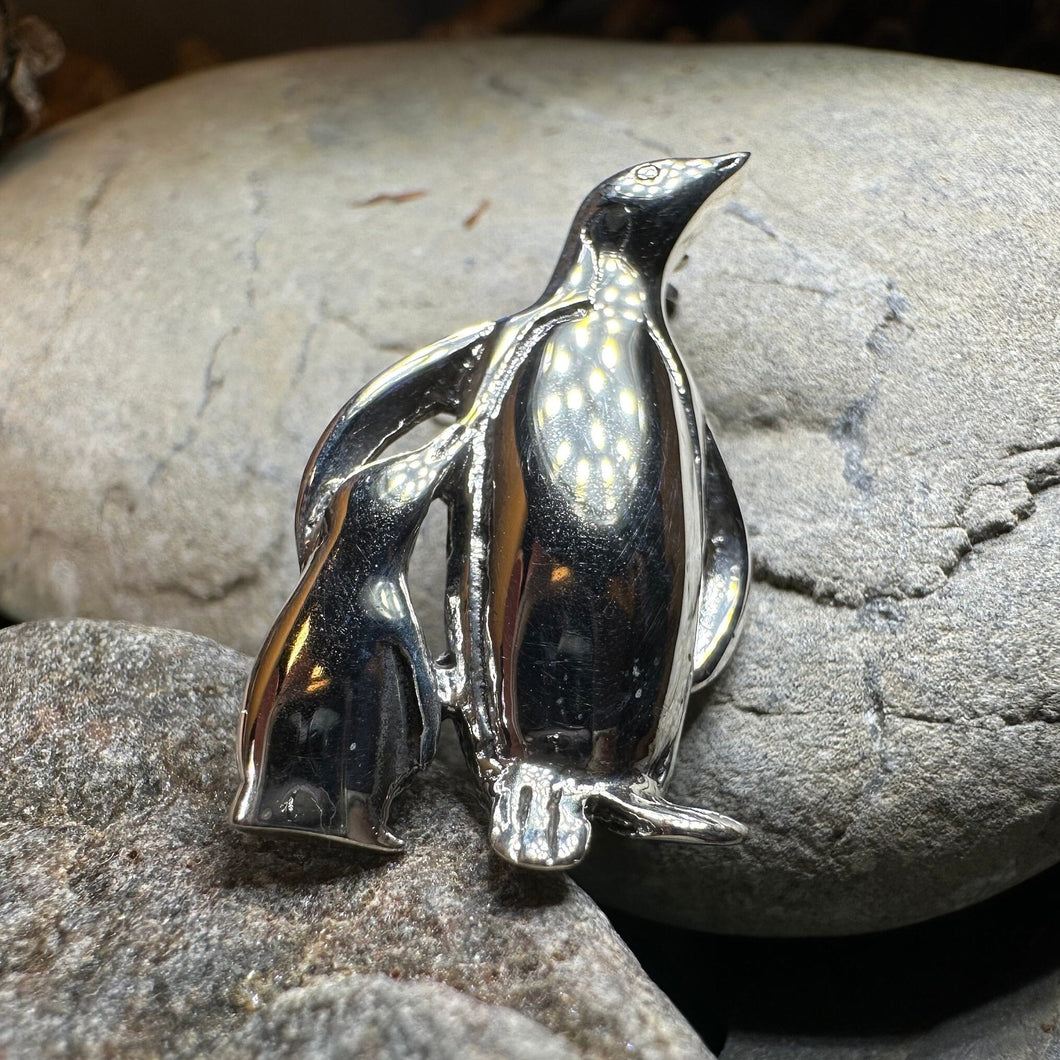 Penguin Brooch, Mother and Child Jewelry, Sterling Silver Brooch, Animal Pin, Family Pin, Mom Gift, Mothers Day Gift, Artisan Pin, Penguins