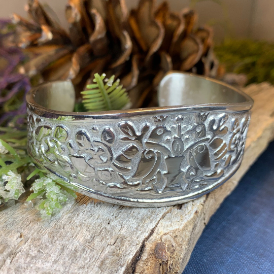 Bird and Floral Silver Cuff Bracelet